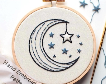 Printable the Moon and the Star Hand Embroidery Pattern Design, Beginner Friendly, Slow Evening DIY Celestial Embroidery Hoop Art Craft
