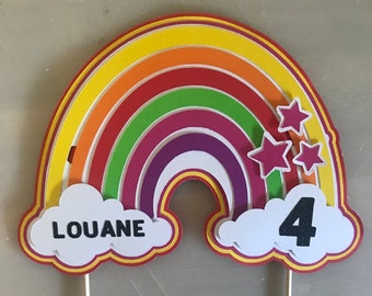 Cake-topper for birthday cake in the shape of a rainbow personalized with the child's age and first name