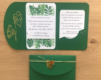 Faire-part mariage - Faire part mariage feuillage vert et doré - Invitations mariage