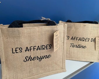 Sac en jute personnalisé ~ Sac en jute à votre nom ou prénom ~ Sac en jute avec poignées noir