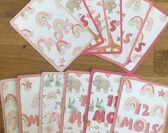 Baby birth step cards, month by month, first year baby, jungle theme boys or pink girl theme step cards