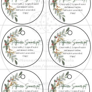 May include: Circular tags with the text "Potpourri Simmer Pot" and instructions for use. Each tag features a decorative floral design in green, gold, and red. The tags have a hole at the top for hanging.