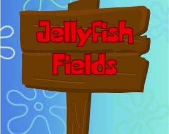 May include: A brown wooden signpost with two horizontal planks featuring the red text JellyFish Fields. The sign is set against a blue background with a repeating pattern of light blue and white outlined flower shapes.