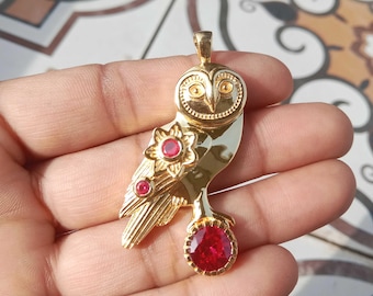 925 Sterling Silver Gold Vermeil Owl Pendant  - Garnet gemstone jewelry - Gift for her - Barn owl gift - jewelry - necklace gift