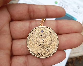925 Sterling Vermeil  Solid Gold Phoenix Necklace, Gold Coin Mythology Bird Pendant, Rising Phoenix Jewelry, Personalized Phoenix Charm,