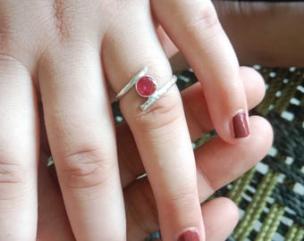 Handmade Ruby Bypass Ring in Sterling Silver, Textured Wrap Ring for Women, Raw Crystal July Birthstone Jewelry, Delicate Open Band Ring,