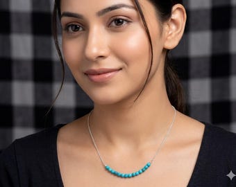 Minimalist Turquoise Beaded Bar Necklace, Dainty Sterling Silver Layering Chain, December Birthstone Jewelry for Her, Small Blue Gems