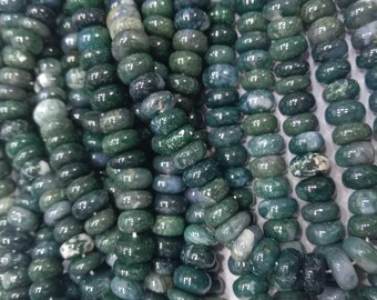Natural Moss Agate Smooth Rondelle Beads, Deep Green Mossy Quartz Spacer Beads Strand, Gemstone for Earthy Jewelry Making Supplies 9mm 8Inch
