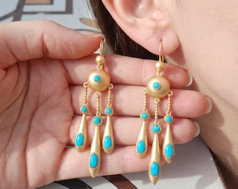 925 Sterling Vermeil  Turquoise Earrings, Natural  Stones Matte Gold Archeological Revival Drop Earrings Boho Chic Statement Jewelry Gift