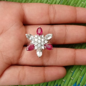 Natuurlijke Robijn met kristallen Bloem Ring in 925 sterling Zilver, Robijn Bloemen Ring, Robijn Sieraden, Juli Birthstone, Robijn Minimalistische Sieraden