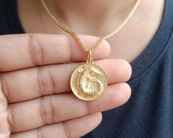 925 Sterling Vermeil Chinese Zodiac Snake Pendant - Round Embossed Snake Coin Medallion Necklace - Symbolic Mystic Animal Jewelry Charm