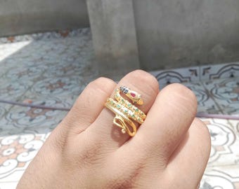 Handmade Natural Multi-Gemstone Snake Ring, Gold Vermeil over 925 Sterling Silver, Coiled Serpent Statement Ring for Women, Gift for Her