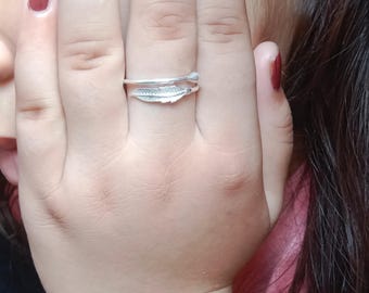 925 Sterling Silver Feather Ring for Women, Adjustable Feather Wrap Ring, Minimalist Angel Wing Jewelry, Boho Statement Ring, Gift for Her,