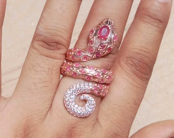 Handmade Natural Ruby  White Sapphire Snake Ring,Rose Gold Vermeil over 925 Sterling Silver,Coiled Ombre Serpent Statement Ring,Gift for Her