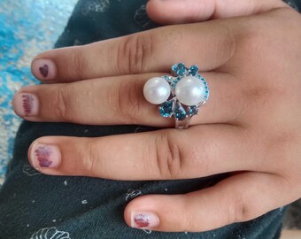 Luxury Double Pearl Statement Ring, 925 Sterling Silver Natural Blue Topaz Cluster Ring, Elegant Multi-Gemstone Toi et Moi Ring,Gift for Her