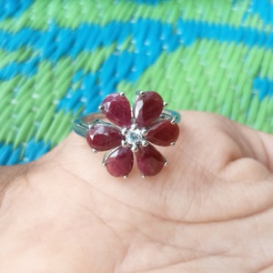 Natural Ruby Flower Ring in 925 sterling Silver, Ruby Floral Ring, Ruby Floral Jewelry, July Birthstone, Ruby Minimalistic Jewelry