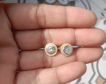 Dainty Round Halo Stud Earrings, Gold Plated 925 Sterling Silver Sparkly Moissanite /  Push-Back Earrings, Gift for Her