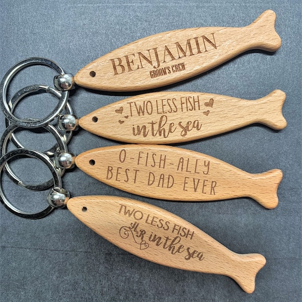 Personalized Fish Keychain - Engraved Maple Wood Fish is a PERFECT Wedding day favor - Groomsmen Gifts - Father's Day.  3.5" X 1"