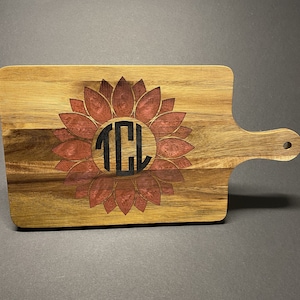 Personalized Resin Colored Engraved Acacia Wood Sunflower Circle Monogram Cutting Board 16&quot; x 8.75&quot; - Charcuterie Cutting Board