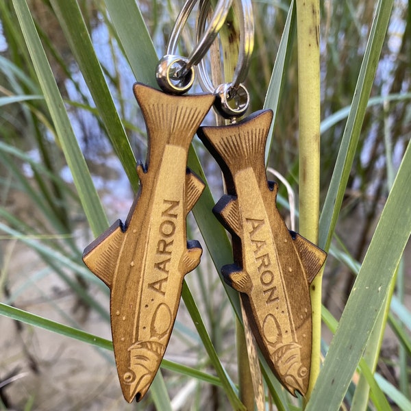 Personalized Double-sided Fish Keychain - Engraved Poplar Wood Fish / Trout is the PERFECT gift for any occasion