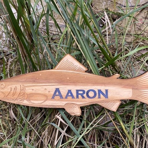 Personalized Engraved Wooden Trout with Resin Wording / Your Choice of Custom Color and Lettering