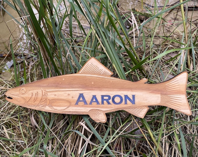 Personalized Engraved Wooden Trout with Resin Wording / Your Choice of Custom Color and Lettering