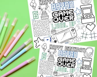 Personalized Pixel Gamer Placemat Coloring Sheet, Astronaut Party (Digital)