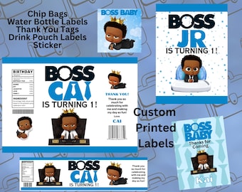 Printed Afro Boss Party Favor Labels: Custom Chip Bag & Water Bottle Wrappers