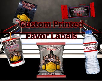 Wrestling Birthday Party Labels: Printed Custom Favor Stickers (Chip Bag, Water Bottle, Tags)