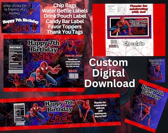 Etiquetas para fiestas inspiradas en Spiderman: Bolsa de papas fritas, botella de agua y más (Descarga digital)