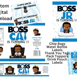 Afro Boss Party Favor Labels – Custom Chip Bag & Water Bottle Wrappers – 1st Birthday Printable Decor – Digital Download