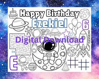 Personalized Space Birthday Placemat Coloring Sheet, Astronaut Party (Digital)