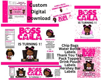 Afro Girl Boss Party Favor Labels: Custom Chip Bag & Water Bottle Wrappers (Digital Download)