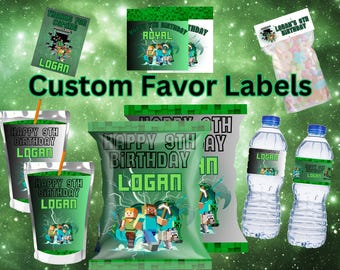 Minecrafter Gamer Birthday Party Labels: Chip Bag, Water Bottle & Drink Pouch (Digital Download)