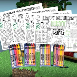 Minecrafter Gamer Coloring Placemat with 5 Crayons | Party Favor, Kids Birthday Activity, Classroom Bundle