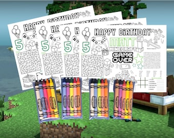 Minecrafter Gamer Coloring Placemat with 5 Crayons | Party Favor, Kids Birthday Activity, Classroom Bundle