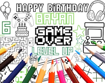 Mantel individual personalizado para cumpleaños de Pixel Gamer (Digital) para colorear