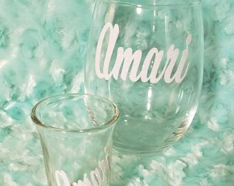 Matching Name Wine Glass and Shot Glass Set, Personalized Wine Glass, Girls Weekend, Bridal Party, Custom Wine Glass