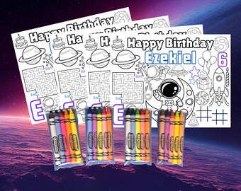 Printed Astronaut Placemat with 5 Crayons, Space Adventure Party Favor, Kids Birthday Activity