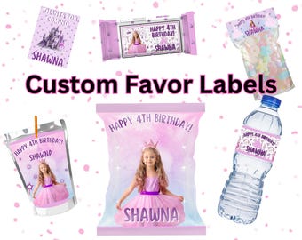 Custom Princess Party Favor Labels: Custom Chip Bag & Water Bottle Wrappers (Digital Download)