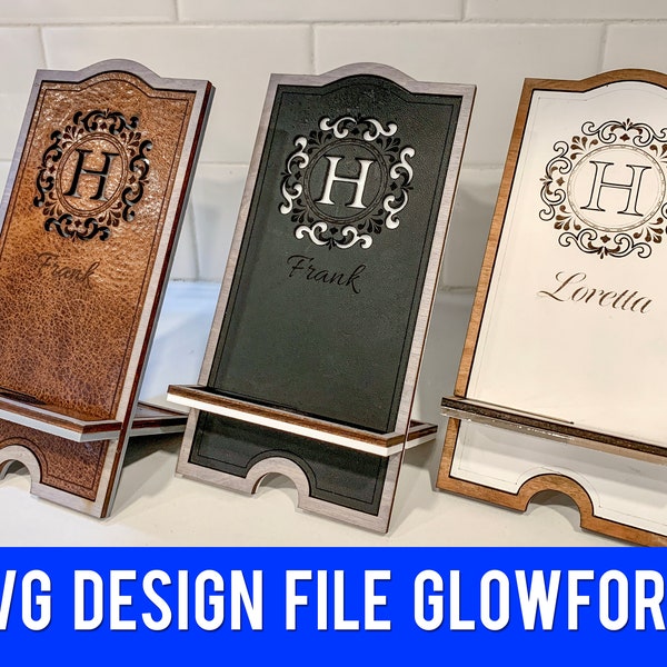 Fichier SVG de support de téléphone en cuir - Fichier de conception prêt Glowforge - Alphabet entier A-Z