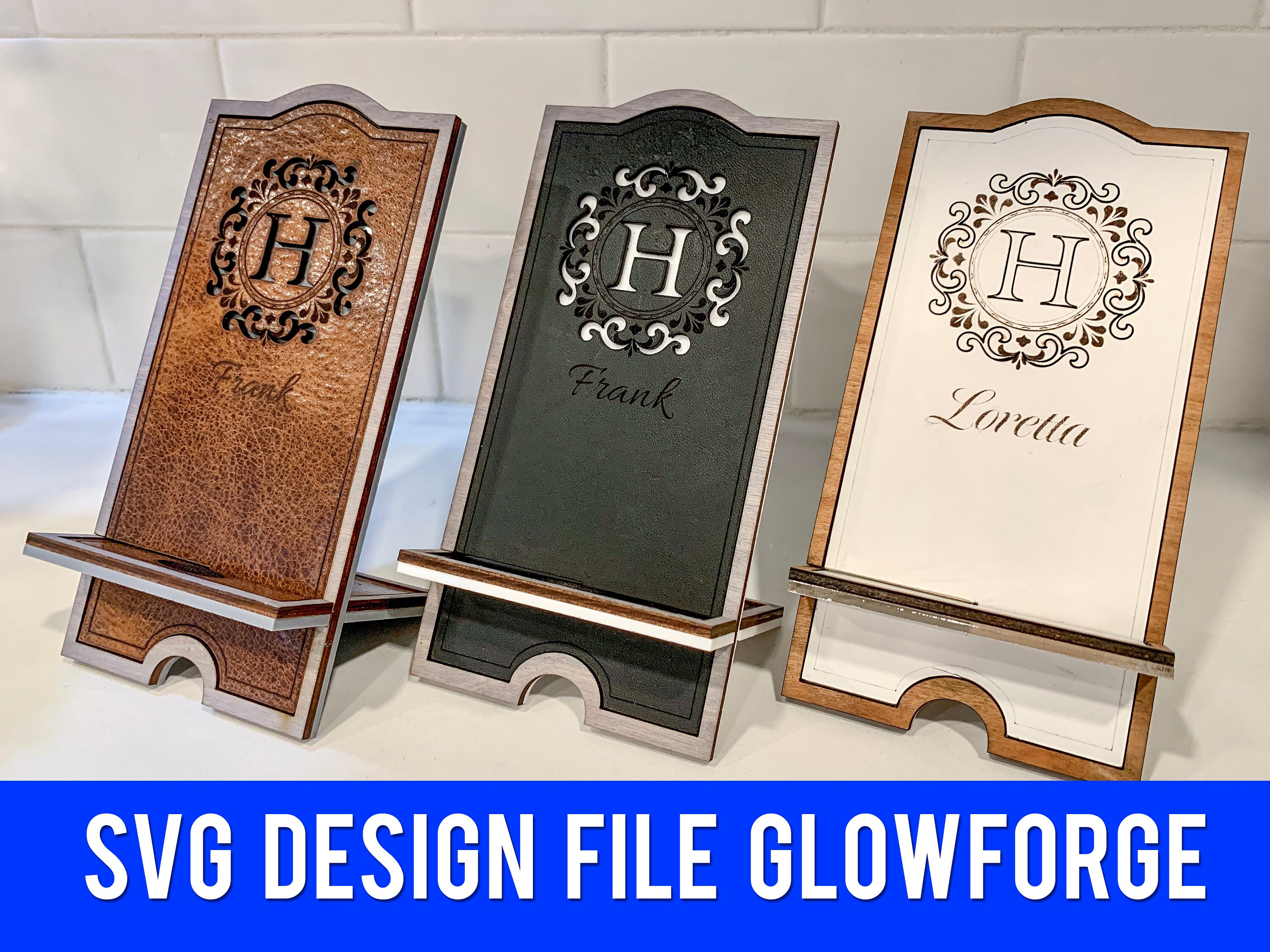 Leather Phone Stand SVG File - Glowforge Ready Design File - Entire Alphabet A-Z