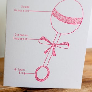 Letterpress Card / Baby Card / Baby Shower / Humor Card / Diagram /  Baby Rattle Card / Blank Card