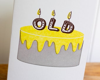 Letterpress Card / Birthday Card  / Humor Card / Retro Card /  Ironic Card / Burning Birthday Cake Letterpress Card / OLD / Blank Card