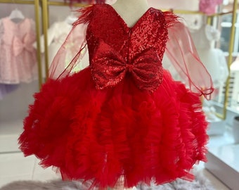 Red Party Dress , First Birthday party Dress, Toddler outfit for Christmas, tulle holiday dress,Girls Party Dress