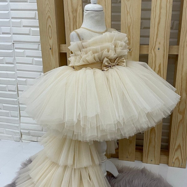 Girl Dress with Detachable Train,Long Tail Girl Pageant Party Frock,Junior Bridesmaid Dress Champagne -Gold dress for Graduation Gown