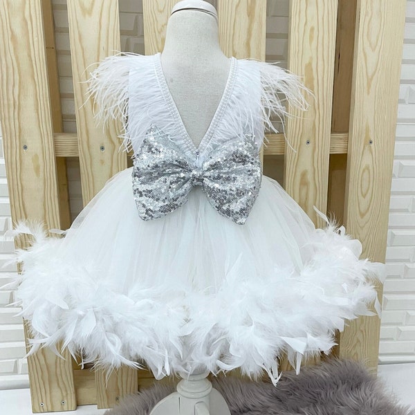 White-Silver Sequin Party Gown ,Sparkling Birthday Dress set for Baby Girl Feather Tutu Dress with pearls,White Feather Dress for photoshoot