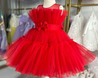 Red Christmas Party Dress , First Birthday party Dress, Toddler outfit for Christmas, tulle holiday dress,Girls Party Dress