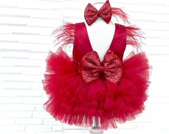 Baby Girl Red Christmas Dress Set, First christmas Dress, Red flower Dress for Baby Girl, Toddler outfit for Christmas, tulle holiday dress,