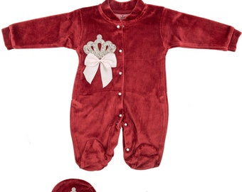 Baby Girl red Christmas Outfit ,Holiday romper, Baby Girl -3 Pc Crown Jewel Cotton Outfit, Footie with Hat and Mittens (Ruby Red  / Silver